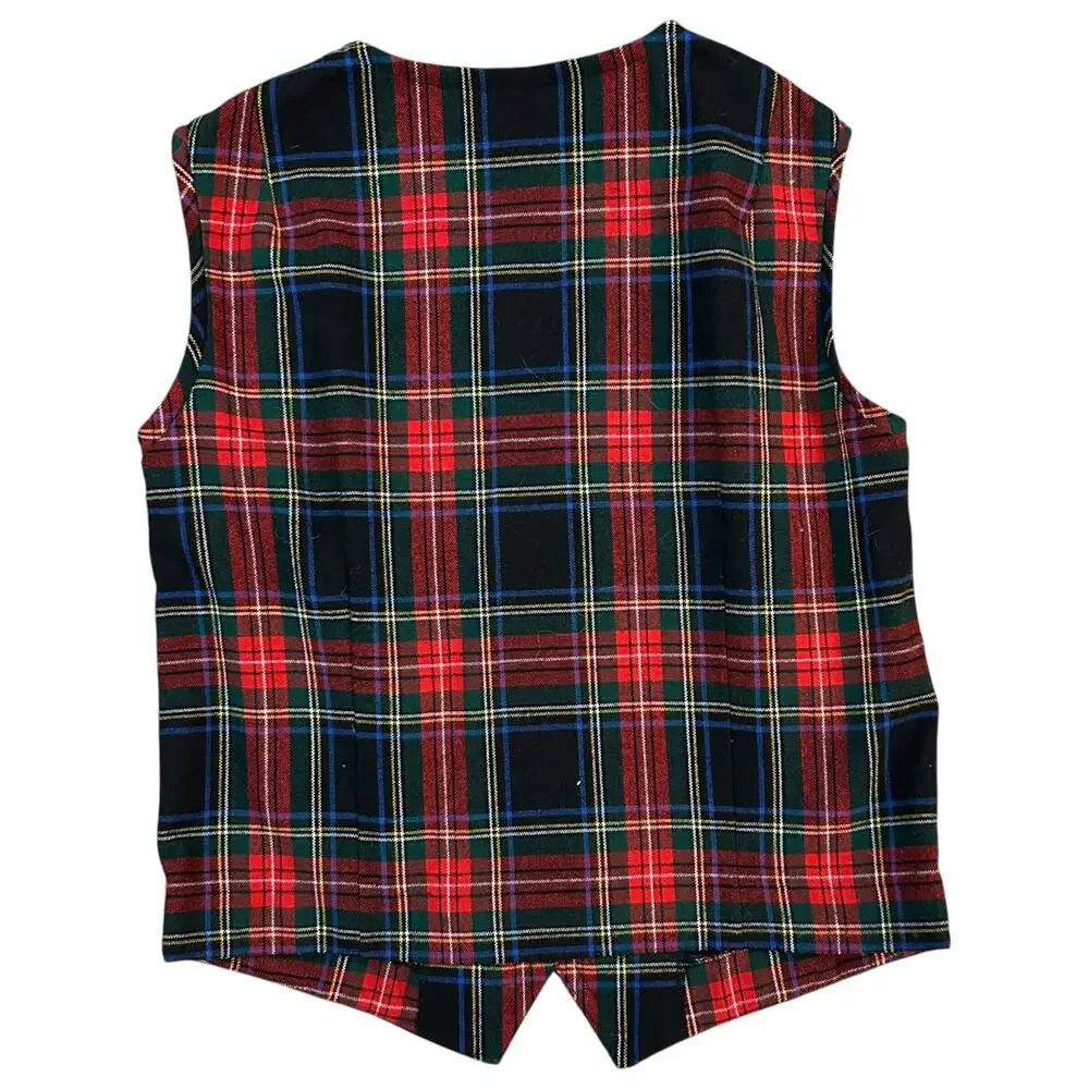 Tartan Plaid Button Up Vest Unlined Womens Large Red Black Preppy Academia Poet